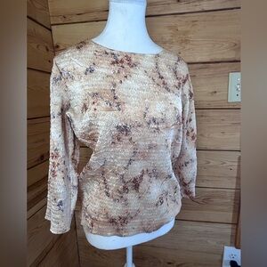 Vintage Y2K Plisse Crinkle Stretch Top Large Floral Textured Blouse Peach Gold